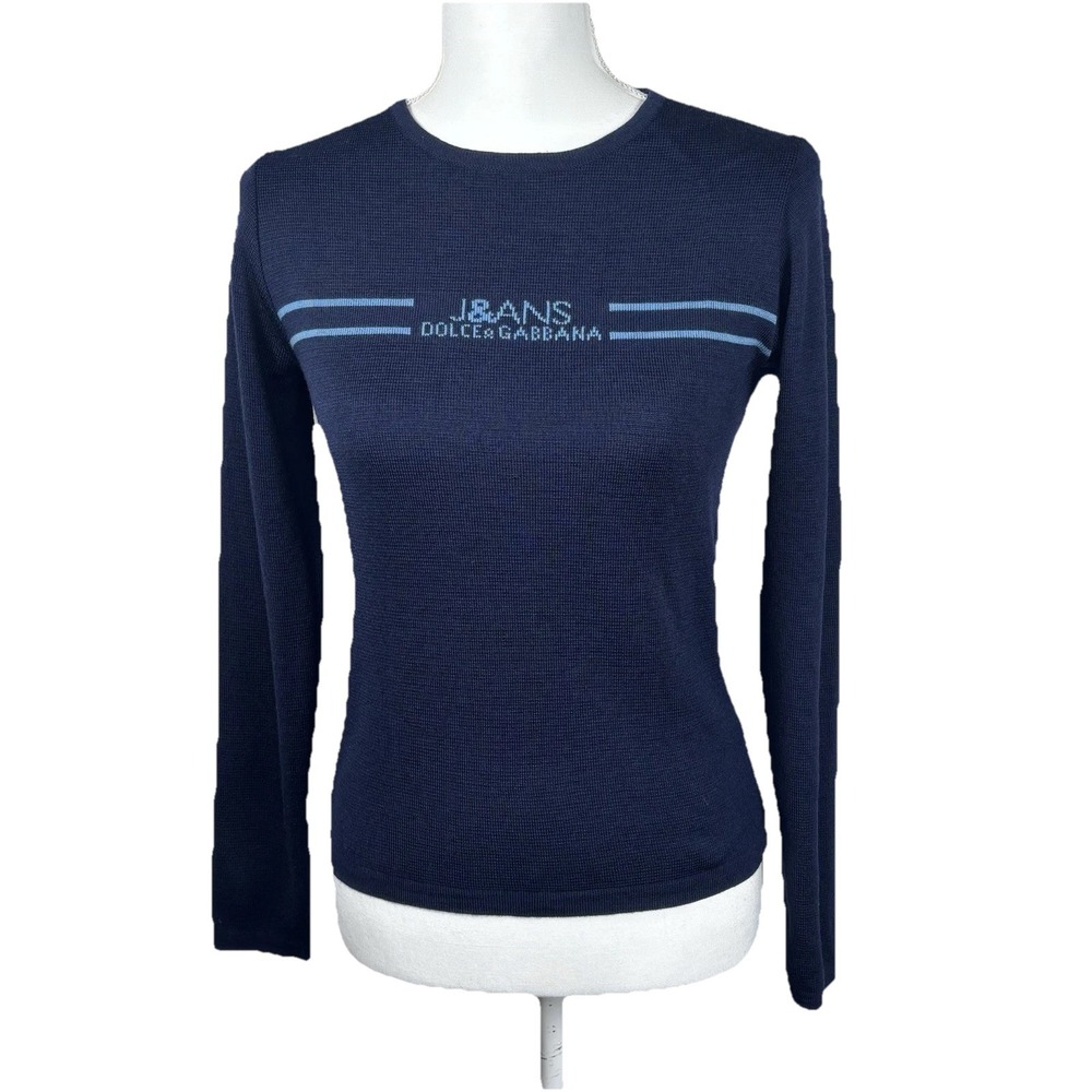Dolce & Gabbana Navy Blue Crewneck Sweater with Light Blue Stripes